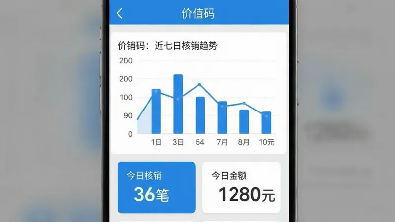 一张手机应用数据统计页面截图，页面顶部标题为“价值码”，中间是一个柱状图展示近七日核销趋势，下方有“今日核销 36笔”“今日金额 1280元”的数字卡片，配色以蓝白灰为主，图表线条清晰，数字字体醒目，整体布局规整，画质干净无多余元素