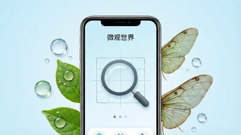 一张展示微观世界软件核心全貌的宣传图,画面中央放置一部智能手机,手机屏幕上显示着微观世界APP的主界面,界面中有一个清晰的圆形放大镜图标和微观观察的网格线,周围环绕着绿叶、水滴、昆虫翅膀等微观元素,背景是柔和的浅蓝色渐变,风格清新现代,排版简洁,画质干净明亮,无多余元素,图片中带有“微观世界”文字