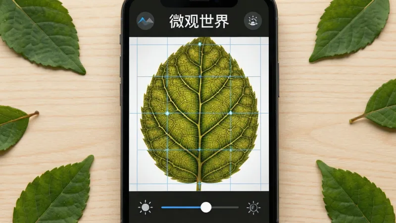 一张展示微观世界APP高清观察功能的图片,画面主体是手机屏幕特写,屏幕中显示着一片树叶的微观纹理,叶脉清晰可见,屏幕边缘有网格辅助线和亮度调节滑块UI,手机周围散落着几片真实的树叶,背景是浅木色桌面,风格写实,排版居中,画质细腻,图片中带有“微观世界”文字