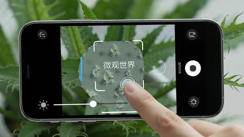 一张展示微观世界APP操作界面的图片,画面中手机横屏显示微观观察画面,屏幕上有对焦框、亮度滑块、快门按钮等UI元素,一只手正在点击屏幕进行对焦操作,背景是虚化的绿色植物,风格写实,排版清晰,画质细腻,图片中带有“微观世界”文字