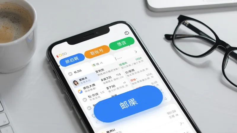 邮件大师管理多账号聚合功能展示图，画面中一部手机屏幕上显示着三个不同颜色的邮箱标签页并列排布，每个标签下方对应着各自的邮件列表，标签切换按钮设计得很大很醒目，背景是浅灰色的工作桌面，旁边放着一杯咖啡和一副眼镜，整体氛围轻松办公，风格简约商务，画质干净，无多余元素