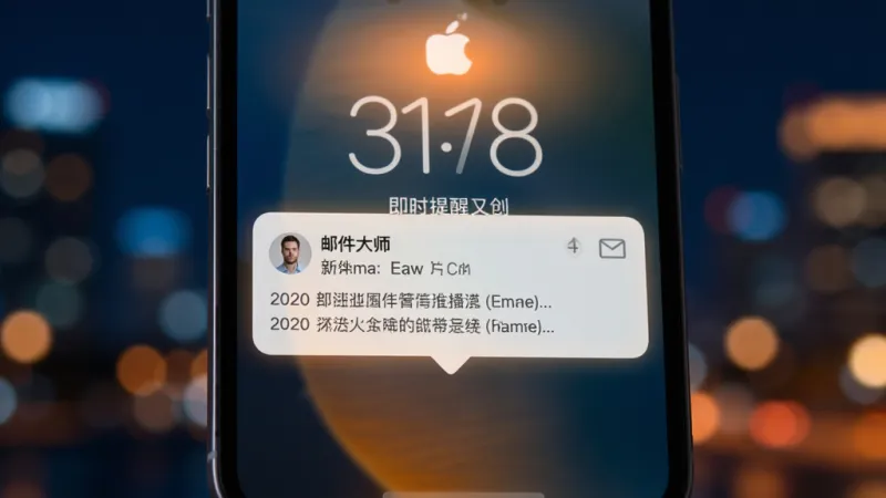 邮件大师管理即时提醒功能概念图，画面展示一部手机锁屏界面弹出新邮件通知卡片，通知上显示着发件人名字和邮件主题摘要，手机屏幕上方有柔和的发光效果，背景是模糊的夜晚城市灯光，色调偏深蓝和暖橙色对比，突出通知的醒目感，风格写实，画质细腻，无多余元素