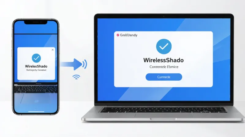 OneShado无线投屏功能展示,手机和电脑在同一WiFi环境下自动连接,手机画面同步到电脑屏幕,画面中展示连接成功的提示界面,蓝白色调,扁平化图标设计,排版清晰,风格现代简洁,画质干净无多余元素