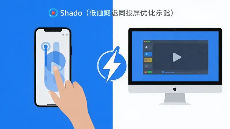 OneShado低延迟投屏优化展示,手机滑动操作与电脑屏幕同步响应的对比示意图,画面左侧是手机正在滑动,右侧是电脑屏幕实时同步显示,中间用闪电图标表示低延迟,蓝白配色,扁平化风格,布局对称,画质清晰干净