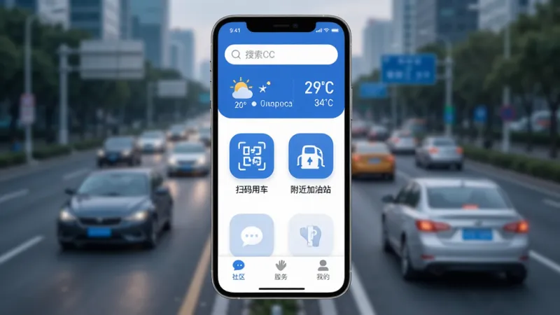 车城CC应用主界面全貌展示,画面中心是一部智能手机,屏幕里显示着车城CC的首页,顶部是搜索框和天气信息,中间是醒目的扫码用车和附近加油站图标,底部是社区、服务、我的三个选项卡,界面以科技蓝和纯白为主色调,图标扁平圆润,背景是模糊的城市道路和车辆,整体风格简洁现代,画质干净无多余元素