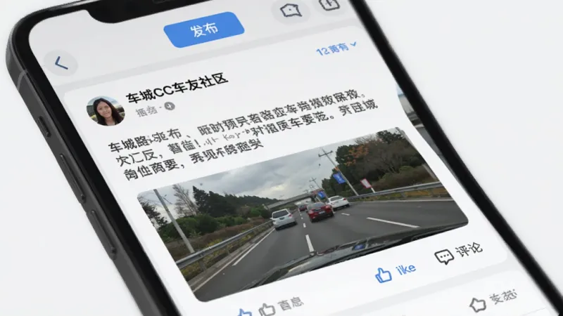 车城CC车友社区界面展示,手机屏幕里显示着车友发布的实时路况帖子,有文字描述和现场拍摄的道路照片,旁边有点赞和评论按钮,顶部有发布按钮,背景是浅灰色的信息流卡片,风格类似主流社交媒体,画质清晰自然