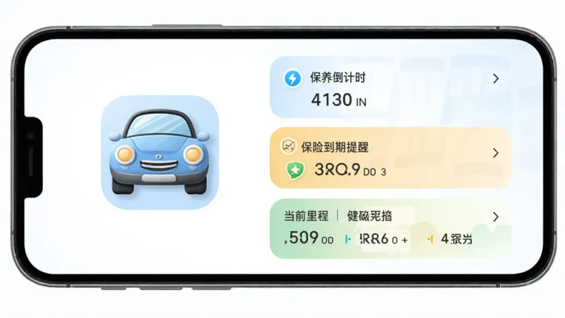 车城CC车辆健康档案界面展示,手机屏幕里显示着一辆卡通风格的汽车图标,旁边有保养倒计时、保险到期提醒、当前里程数等数据卡片,背景是干净的白色和淡蓝色,设计风格简约,数据图表清晰,画质干净