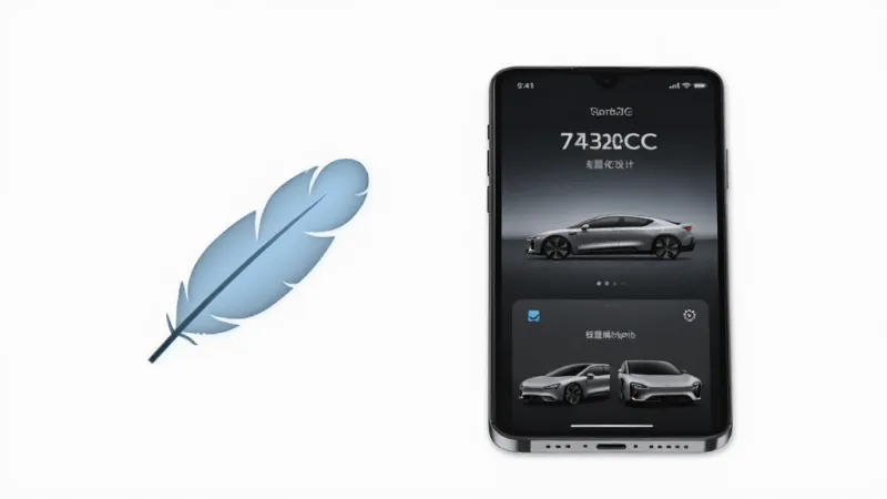 车城CC轻量化设计概念图,一部手机旁边放着一个轻盈的羽毛图标,手机屏幕里显示车城CC运行流畅的界面,背景是纯白色,风格极简,突出软件占用资源小的特点,画质干净清晰