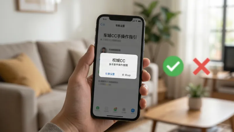 车城CC新手操作指引图,画面中一只手拿着手机,屏幕上显示着权限设置的弹窗界面,旁边有打勾和打叉的图标,背景是柔和的生活化场景,风格写实,画质清晰