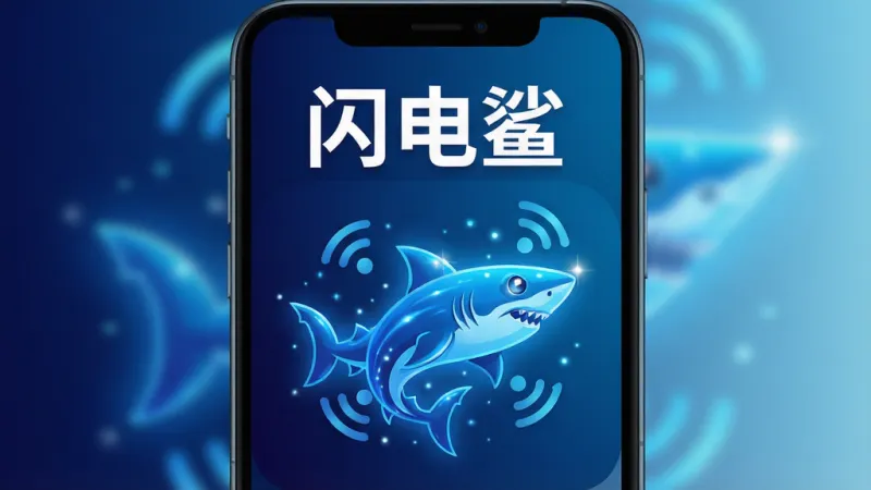 手机屏幕竖版构图,画面中央一个蓝色鲨鱼造型的图标,鲨鱼身体由流动的光线组成,周围环绕着WiFi信号波纹和加速箭头,背景是深蓝色渐变到浅蓝色的科技感光晕,布局上方留白显示“闪电鲨”白色粗体文字,排版居中对称,风格偏向现代扁平化科技风,细节上鲨鱼眼睛带有高光,光效粒子点缀,画质干净清晰无多余元素