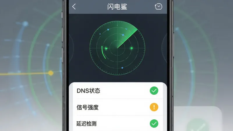 竖版手机界面截图风格,画面展示“闪电鲨”的网络诊断页面,界面中有一个雷达扫描动画,下方列出“DNS状态”“信号强度”“延迟检测”三个项目,每个项目后面有绿色对勾或黄色感叹号图标,布局清晰,排版整齐,风格科技简约,细节上雷达有扫描光波效果,画质干净无多余元素