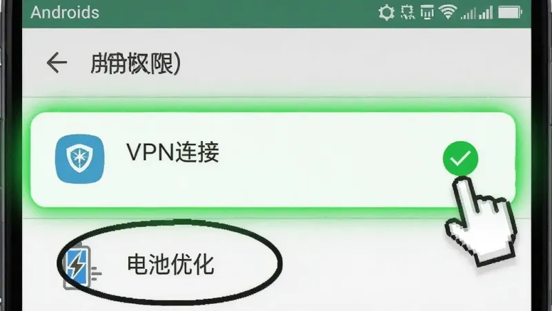 手机设置界面示意图风格,画面展示安卓系统的“应用权限”页面,其中“VPN连接”权限被高亮标注为绿色允许状态,旁边有手指点击的图标,下方有“电池优化”选项被圈出,布局清晰,排版直观,风格简洁说明性,细节上高亮区域有发光效果,画质干净无多余元素