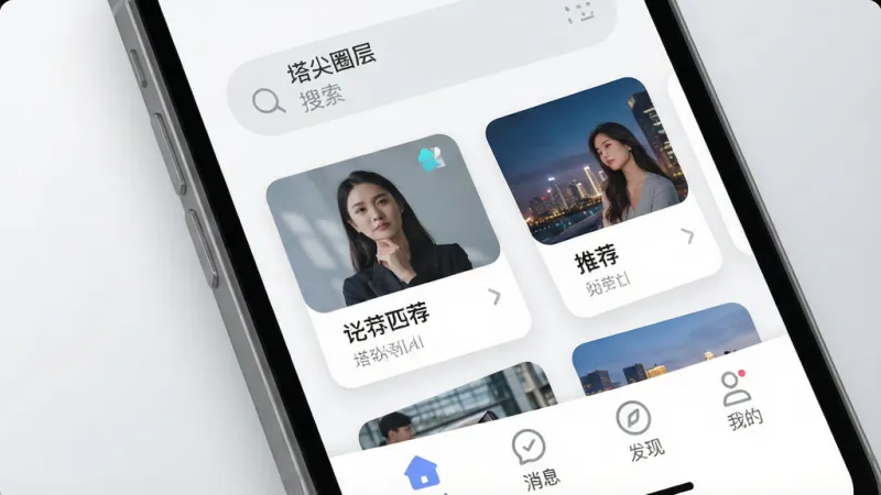 一张展示塔尖圈层软件核心界面的图片,主体是一个手机屏幕,屏幕上显示塔尖圈层的社交匹配界面,布局为顶部搜索栏,中间是用户推荐卡片,底部是消息、发现、我的三个导航按钮,排版简洁,风格现代扁平化,细节圆润,背景为浅灰渐变,画质干净清晰,无多余元素,屏幕中显示文字“塔尖圈层