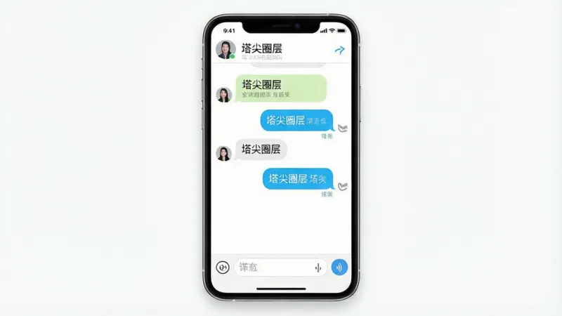 一张展示塔尖圈层即时通讯界面的图片,主体是手机聊天窗口,布局为顶部联系人名称,中间是对话气泡,底部是输入框和语音按钮,排版清晰,风格简约现代,细节干净,背景为白色,画质高清,屏幕中显示文字“塔尖圈层