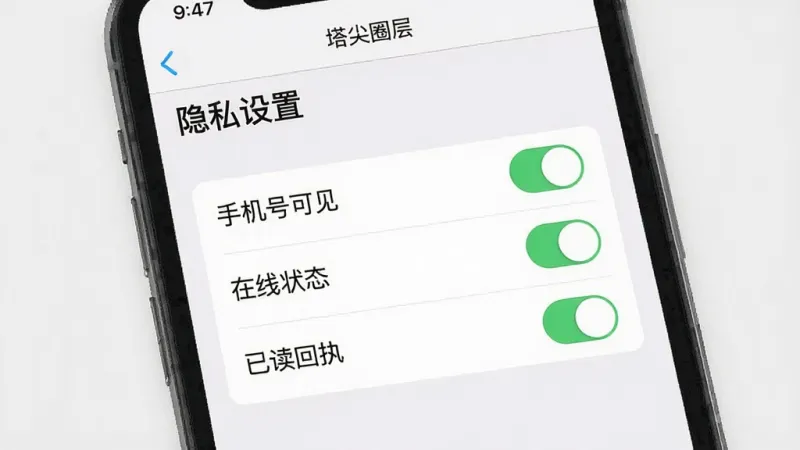 一张展示塔尖圈层隐私设置界面的图片,主体是手机设置页面,布局为顶部标题“隐私设置”,中间是若干开关选项,包括“手机号可见”“在线状态”“已读回执”,排版整齐,风格扁平化,细节清晰,背景为浅色,画质干净,屏幕中显示文字“塔尖圈层