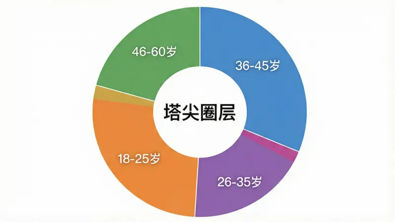 一张展示塔尖圈层用户年龄分布的饼状图,主体是圆形图表,布局为不同颜色的扇形区域,分别标注“18-25岁”“26-35岁”“36-45岁”“46-60岁”四个年龄段,风格简洁明了,细节清晰,背景为白色,画质干净,图表中央显示文字“塔尖圈层
