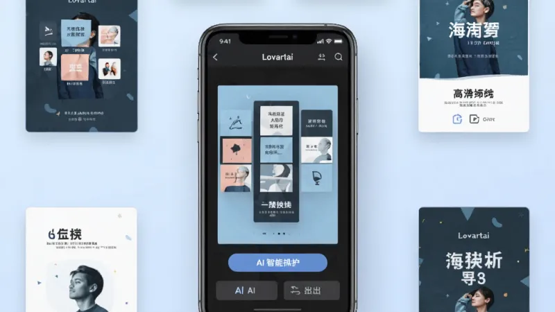 一张展示Lovartai海报制作设计软件核心全貌的图片,主体是一部智能手机屏幕显示该软件的海报编辑界面,布局为居中放置手机,背景是柔和的浅蓝色渐变,排版上手机周围环绕着几个已完成的海报缩略图,风格为现代扁平化设计,细节包括界面中可见模板库图标、AI智能排版按钮和导出选项,画质清晰干净无多余元素