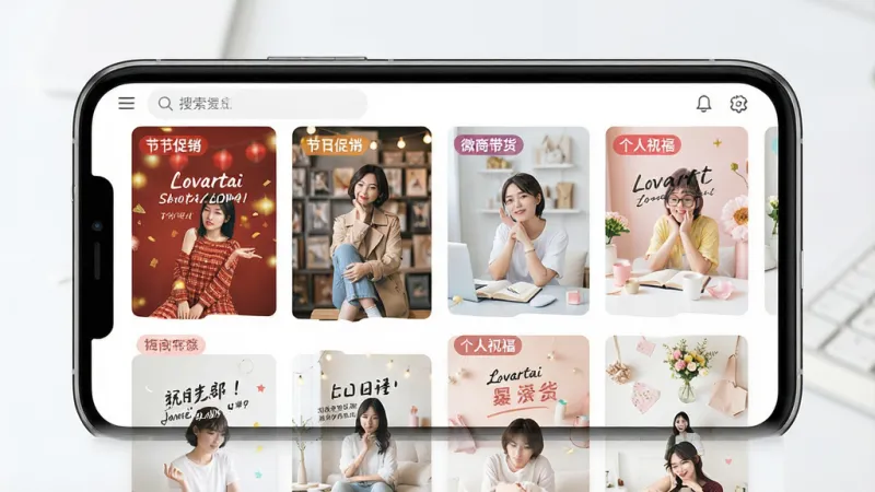 一张展示Lovartai海报制作设计模板库界面的图片,主体是手机屏幕显示分类清晰的模板网格,布局为上方搜索栏下方两列瀑布流模板,排版上每个模板缩略图都带有场景标签,风格为清新明快的UI设计,细节包括节日促销、微商带货、个人祝福等分类标签清晰可见,画质干净无多余元素