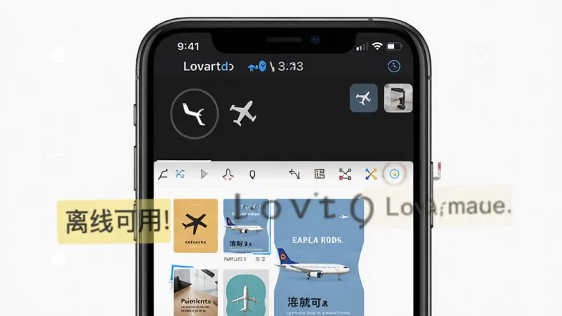 一张展示Lovartai海报制作设计离线编辑功能的图片,主体是手机屏幕显示飞行模式图标和海报编辑界面同时出现,布局为上方状态栏显示无网络下方编辑界面正常操作,排版上突出离线可用的提示标签,风格为写实手机界面风格,细节包括模板缩略图和编辑工具栏,画质清晰干净无多余元素