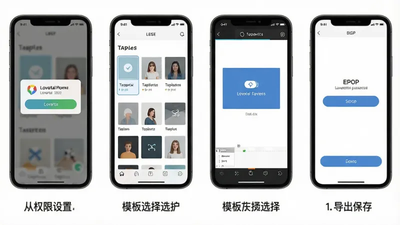 一张展示Lovartai海报制作设计新手操作步骤的图片,主体是手机屏幕显示从权限设置到模板选择再到导出保存的流程截图,布局为四格分镜展示每一步操作,排版上每格下方有简短文字说明,风格为教程类扁平设计,细节包括权限弹窗、模板库、编辑界面和导出按钮,画质清晰干净无多余元素