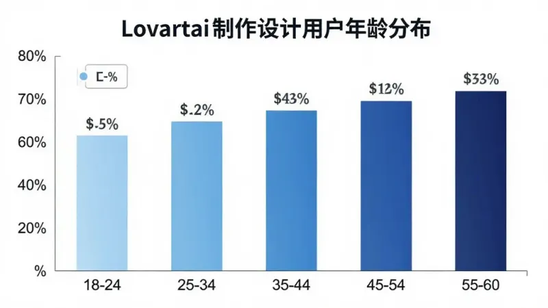 一张展示Lovartai海报制作设计用户年龄分布的柱状图图片,主体是柱状图显示不同年龄段用户占比,布局为横轴是年龄段18-24、25-34、35-44、45-54、55-60纵轴是百分比,排版上柱子颜色从浅蓝到深蓝渐变,风格为数据可视化图表设计,细节包括每个柱子上方标注百分比数字,画质清晰干净无多余元素