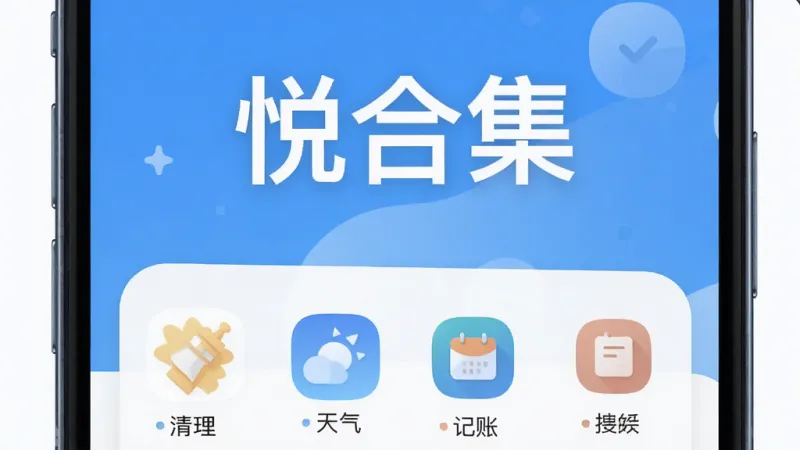 一张展示“悦合集”应用主界面的图片,主体是一个手机屏幕,屏幕中央显示“悦合集”三个大字,下方排列着几个常用功能图标,如清理、天气、记账等,布局简洁,排版清晰,风格现代扁平化,细节圆润,画质干净明亮,无多余元素。