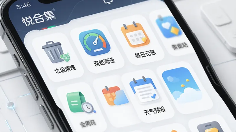 一张展示“悦合集”应用内部功能列表的图片,主体是手机屏幕,屏幕上以网格形式排列着多个功能模块图标,每个图标下方有文字标签,如“垃圾清理”、“网络测速”、“每日记账”、“天气预报”,布局整齐,排版清晰,风格简约科技感,细节精致,画质干净无多余元素。