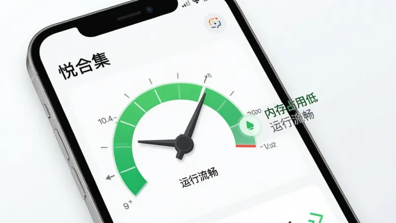 一张展示“悦合集”应用运行状态的图片,主体是一个手机屏幕,屏幕上显示一个简洁的仪表盘界面,指针指向绿色区域,旁边有“内存占用低”和“运行流畅”的文字提示,布局清晰,排版直观,风格清爽,细节干净,画质明亮无多余元素。