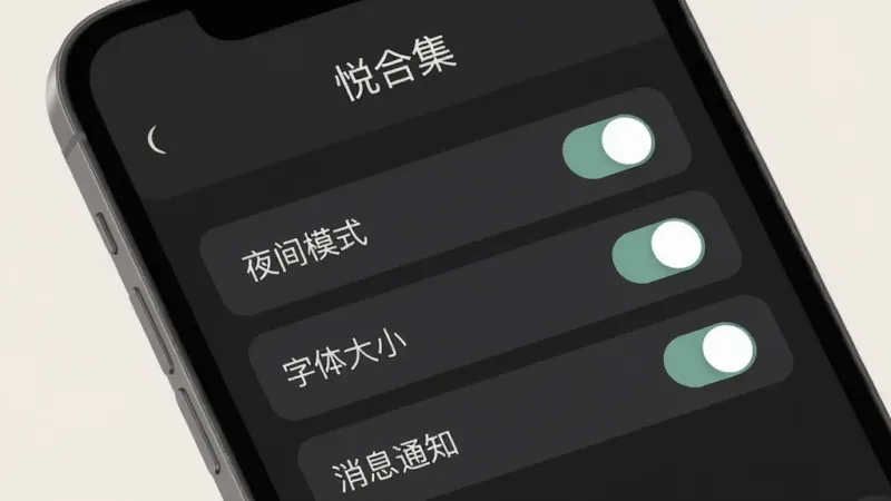 一张展示“悦合集”应用设置界面的图片,主体是手机屏幕,屏幕上显示着几个简单的开关按钮和选项,如“夜间模式”、“字体大小”、“消息通知”,布局极简,排版清晰,风格素雅,细节柔和,画质干净无多余元素。