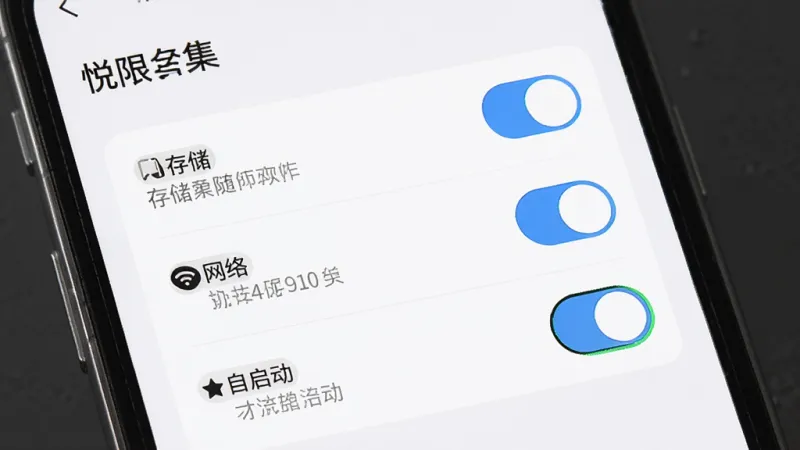 一张展示“悦合集”应用权限设置界面的图片,主体是手机屏幕,屏幕上显示着几个权限开关,如“存储”、“网络”、“自启动”,旁边有文字说明,布局清晰,排版合理,风格简洁,细节明确,画质干净无多余元素。