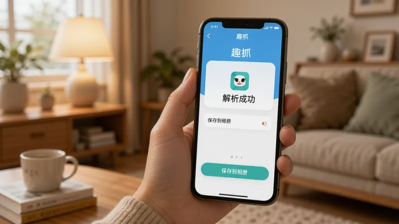 一张展示手机使用场景的图片,画面中一只手拿着手机,屏幕上显示“趣抓”App 的解析成功界面,有“保存到相册”的按钮,背景是温馨的室内环境,风格生活化,画质清晰,无多余元素