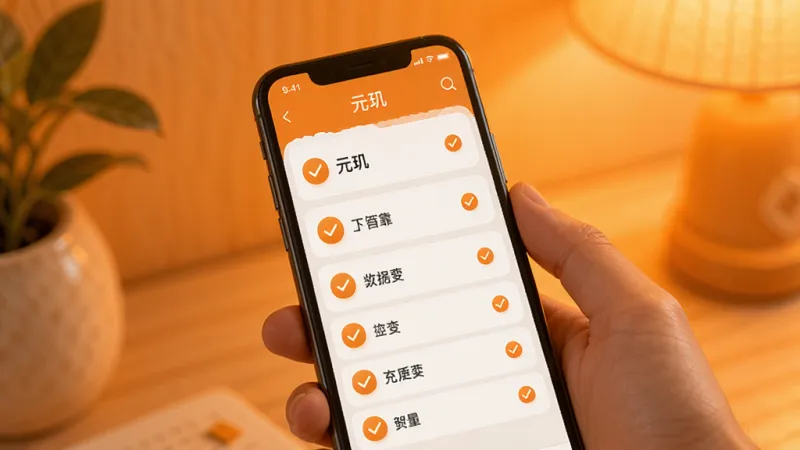 一张展示元玑应用核心功能实用性的图片,画面中手机屏幕显示“元玑”应用内的功能列表,每个功能旁边都有一个小小的对勾图标,背景是温暖的橙色,风格温馨,突出功能的可靠与实用。