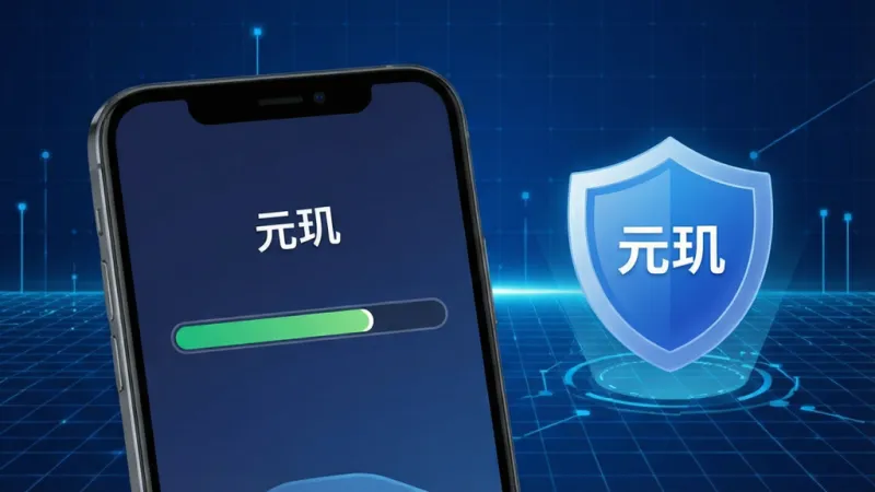 一张展示元玑应用安装教程的图片,画面中一部手机正在安装“元玑”应用,安装进度条显示中,旁边有一个盾牌图标代表安全,背景是科技感的蓝色网格,风格清晰明了,画质干净。