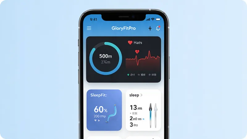 一张展示GloryFitPro应用核心界面的图片,画面中央是手机屏幕,显示GloryFitPro主界面,包含步数圆环、心率曲线和睡眠评分卡片,背景为浅蓝色渐变,风格简洁现代,细节清晰,画质干净无多余元素