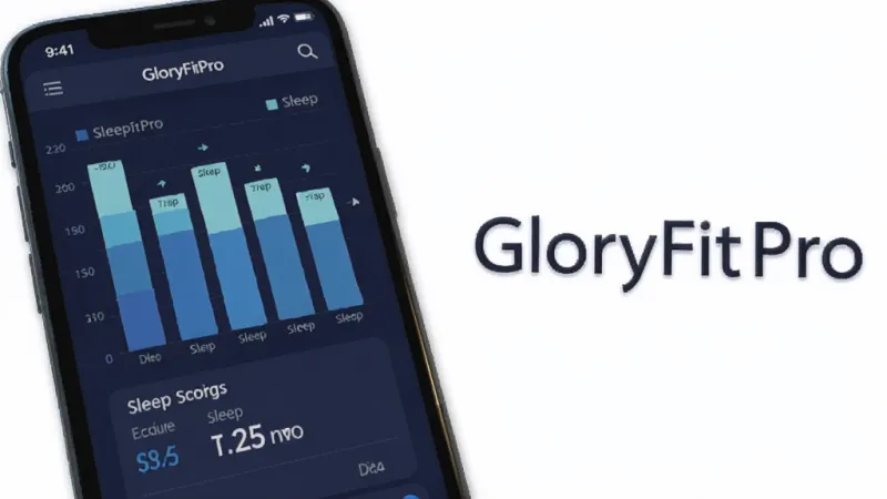 一张展示GloryFitPro睡眠分析功能的图片,画面中手机屏幕显示深蓝色调的睡眠图表,包含深浅睡眠柱状图和睡眠评分数字,旁边有GloryFitPro字样,风格科技感十足,细节清晰,画质干净无多余元素