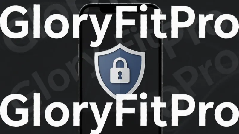一张展示GloryFitPro数据隐私保护功能的图片,画面中手机屏幕显示盾牌图标和加密锁标识,周围环绕GloryFitPro文字,背景为深灰色调,风格稳重安全,细节清晰,画质干净无多余元素