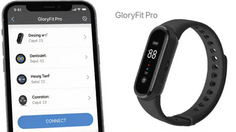 一张展示GloryFitPro手环连接设置界面的图片,画面中手机屏幕显示设备列表和连接按钮,旁边有GloryFitPro文字,背景为白色简洁风格,细节清晰,画质干净无多余元素