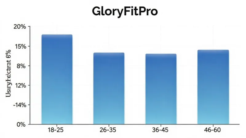 一张展示GloryFitPro用户年龄分布的柱状图,横轴为18-25岁、26-35岁、36-45岁、46-60岁四个年龄段,纵轴为用户占比百分比,柱状图颜色为蓝色渐变,图表上方有GloryFitPro文字,风格简洁数据可视化,细节清晰,画质干净无多余元素