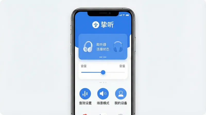 一张展示“挚听”App主界面的手机样机图,画面中央是一部现代智能手机,屏幕显示App的简洁主页面,顶部有“挚听”Logo和品牌名称,中间区域是助听器连接状态卡片和音量调节滑块,下方排列着“音效设置”“场景模式”“我的设备”等几个清晰的功能入口图标,整体布局清晰,排版整齐,风格现代简约,蓝白配色为主,细节圆润,画质干净,无多余元素