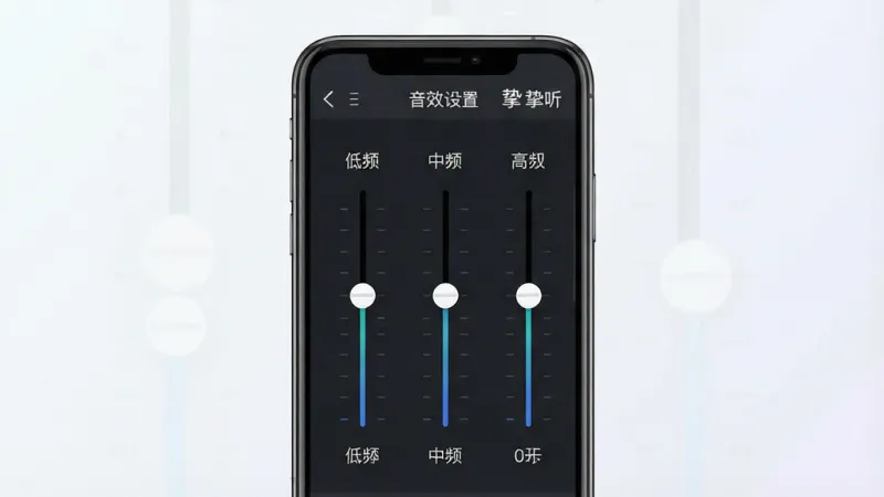 一张展示“挚听”App音效调节界面的手机截图,画面中央是一部智能手机,屏幕显示App内的均衡器调节页面,界面上有低频、中频、高频三个频段的滑动条,每个频段下方有具体的数值显示,顶部有“音效设置”标题和“挚听”Logo,背景为干净的浅色渐变,布局清晰,风格现代扁平,画质干净,无多余元素