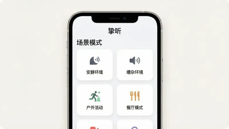 一张展示“挚听”App场景模式选择界面的手机样机图,画面中央是一部智能手机,屏幕显示App内“场景模式”页面,页面上排列着“安静环境”“嘈杂环境”“户外活动”“餐厅模式”等几个圆角卡片式选项,每个卡片配有对应的简约图标,顶部有“挚听”品牌标识,整体排版整齐,风格现代简约,浅色背景,画质干净,无多余元素