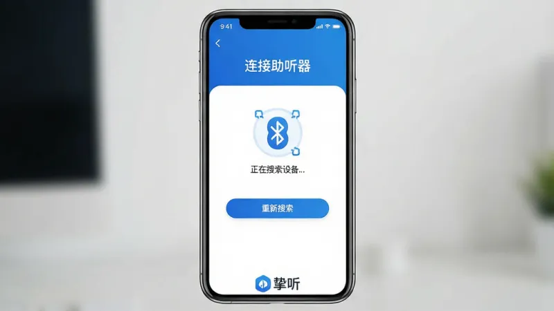 一张展示“挚听”App设备连接引导界面的手机样机图,画面中央是一部智能手机,屏幕显示App内的蓝牙连接引导页面,页面上方有“连接助听器”标题,中间有蓝牙搜索动画图标和“正在搜索设备...”的文字提示,下方有一个“重新搜索”按钮,底部有“挚听”Logo,整体布局简洁,风格现代,蓝白配色,画质干净,无多余元素