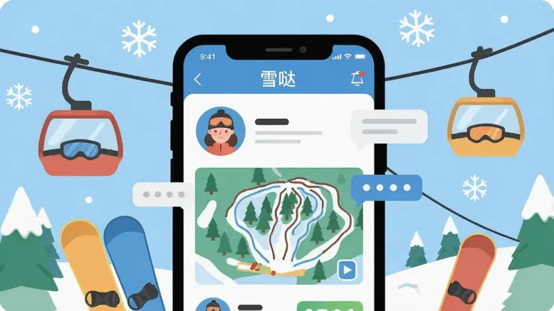 一张展示滑雪社交场景的插画,主体是手机屏幕中显示“雪哒”App界面,界面内有滑雪者头像和雪场地图,布局为手机居中、周围环绕雪花和缆车元素,排版采用上下结构,风格为扁平化卡通风格,细节包括雪板、护目镜和聊天气泡,画质干净清晰,无多余元素