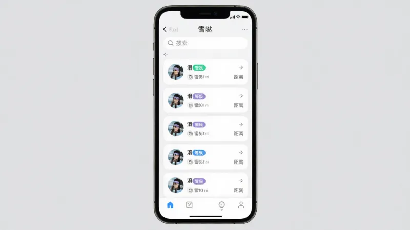 AI生图提示词:主体是一个手机屏幕显示“雪哒”App的约伴列表界面,布局为顶部搜索栏、中间用户卡片列表、底部导航栏,排版以卡片式纵向排列,风格为现代简约扁平风,细节包括用户头像、滑雪等级标签和距离显示,画质干净清晰,无多余元素