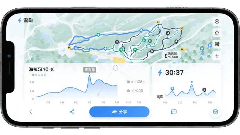 AI生图提示词:主体是一个手机屏幕展示“雪哒”App的滑雪轨迹记录页面,布局为顶部地图轨迹线、中间数据面板、底部分享按钮,排版为上下结构,风格为运动科技风,细节包括海拔曲线、速度数值和雪道标记,画质干净清晰,无多余元素
