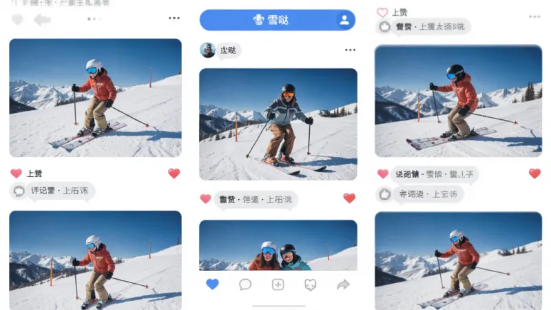 AI生图提示词:主体是“雪哒”App社区动态页面,布局为顶部发布按钮、中间图文流、底部互动栏,排版为瀑布流式,风格为社交平台常见清爽风,细节包括滑雪照片、点赞图标和评论气泡,画质干净清晰,无多余元素
