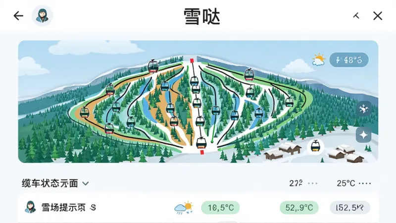 AI生图提示词:主体是“雪哒”App雪场信息页面,布局为顶部雪场名称、中间雪道地图、底部缆车状态列表,排版为上下结构,风格为信息图表风,细节包括雪道颜色分级、缆车图标和天气标签,画质干净清晰,无多余元素