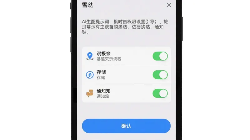 AI生图提示词:主体是一个手机屏幕显示“雪哒”App的权限设置引导页面,布局为顶部提示文字、中间权限开关列表、底部确认按钮,排版为纵向列表式,风格为手机系统设置常见简洁风,细节包括定位、存储和通知权限图标,画质干净清晰,无多余元素