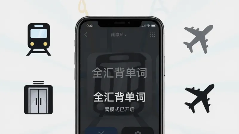 全汇背单词离线学习场景,画面展示一部手机屏幕显示“全汇背单词”离线模式已开启,手机周围有地铁、电梯、飞机等图标环绕,背景为浅灰色,布局居中,风格简约,细节明确,画质干净,无多余元素