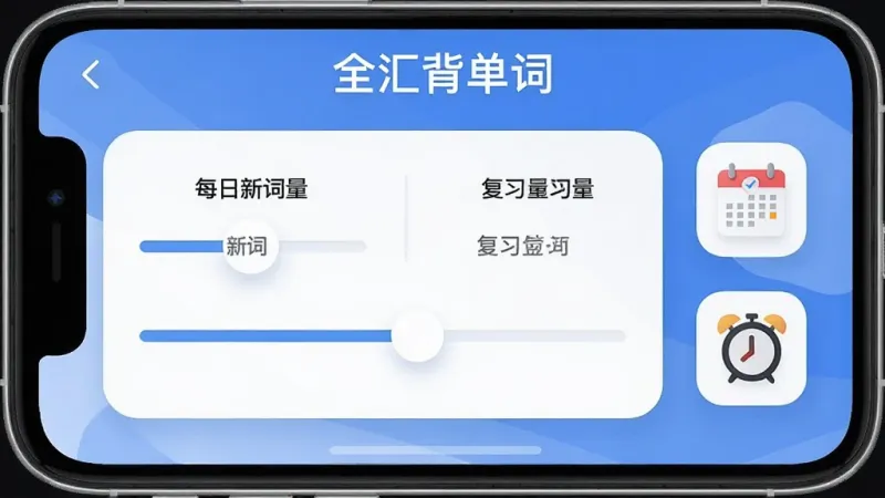 全汇背单词学习计划设置界面,画面展示手机屏幕上的每日新词量和复习量滑块调节区域,旁边有日历和闹钟图标,界面顶部显示“全汇背单词”文字,布局清晰,风格现代,细节圆润,画质干净,无多余元素